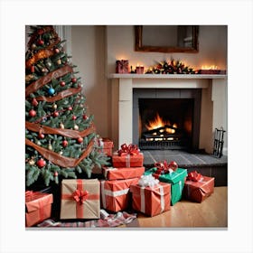 Christmas Presents Under Christmas Tree At Home Next To Fireplace (65) Canvas Print