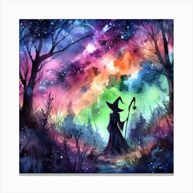 Watercolor Witch In The Forest Canvas Print