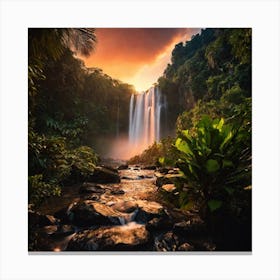 Sunset In The Jungle With Waterfall Canvas Print