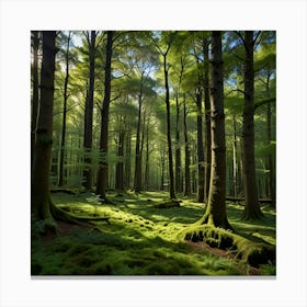 A Tranquil Forest With Towering Green Trees And A Carpet Of Moss Covered Ground, With Dappled Sunlight Creating A Serene And Magical Atmosphere 2 Canvas Print