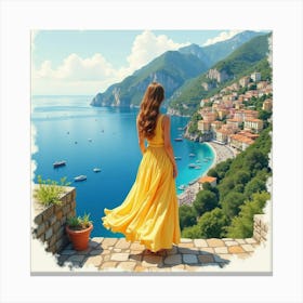 Enigmatic Italian Woman In Watercolor, Gazing Over The Amalfi Coast Canvas Print