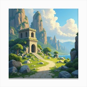 Ancient Watercolor Ruins In A Magical Landscape 1 Canvas Print