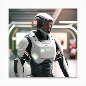 The Image Depicts A Stronger Futuristic Suit For Military With A Digital Music Streaming Display 16 Canvas Print