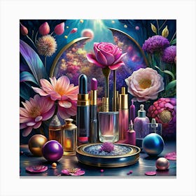 Mystic Beauty Products Arrangement With Flowers And Orbs Canvas Print