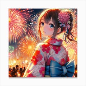 Japanese girl and fireworks Canvas Print