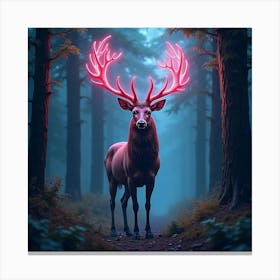 A Majestic Stag With Antlers Of Flowing, Neon Patterns Standing In A Dreamlike Forest Canvas Print