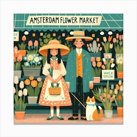 Couple with Cat in Amsterdam Flower Market Canvas Print