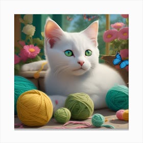 White Cat With Yarn Canvas Print