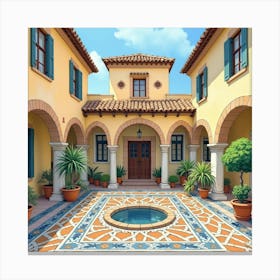 Spanish Courtyard With Intricate Tile Mosaics Depicted In Watercolor Canvas Print