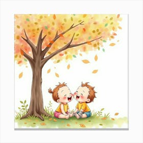 Watercolor Baby Twins Giggling Under A Tree With Colorful Leaves Canvas Print