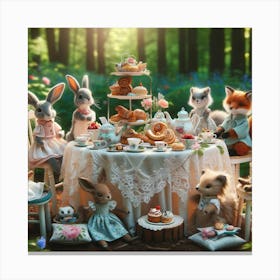 Woodland Tea Party Wall Print Art A Delightful Scene Of Woodland Animals Enjoying A Tea Party, Perfect For Adding A Touch Of Whimsy To Any Room Canvas Print