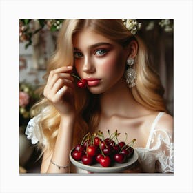 Beautiful Young Woman With Cherries Canvas Print