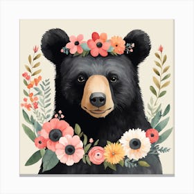 Floral Baby Black Bear Nursery Illustration (23) Canvas Print