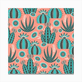 DESERT GARDEN Retro Cactus Flowers Aloe Succulents Botanical in Vintage Mid-Century Turquoise Charcoal Red White on Pink Canvas Print