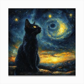 Black Cat Starry Night Canvas Print