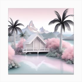 Pink House With Palm Trees Minimalist Style Canvas Print