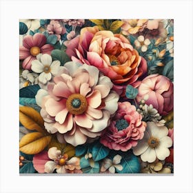 Vibrant Floral Collage Featuring Oversized Blossoms And Foliage, Style Mixed Media Collage 2 Canvas Print