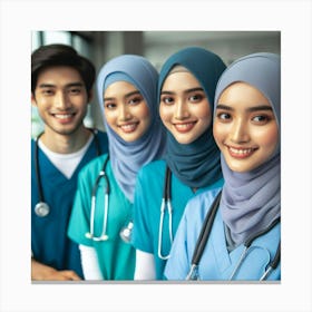 A group of four healthcare professionals, wearing blue scrubs and stethoscopes around their necks, pose for a photo in a hospital setting. The two women on the right are wearing white hijabs, while the woman on the left is wearing a blue hijab. The man on the left is not wearing a hijab. They are all smiling and looking at the camera. Canvas Print