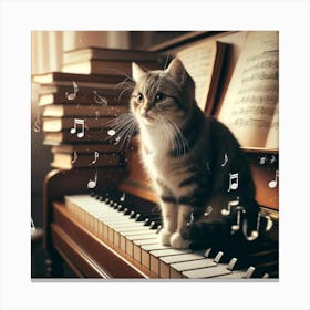 Musical Cat Wall Print Art A Whimsical Scene Of A Cat On A Piano With Musical Notes, Perfect For Blending A Love Of Cats And Music In Any Space Canvas Print