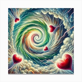 3 Dimensional Lightning With Multiple Green And White Swirls In A Vortex Of 3 Red Hearts Oil Painting Canvas Print