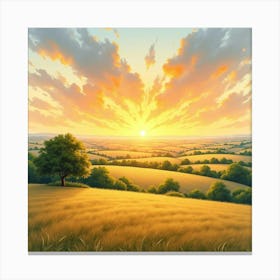 French Countryside Sunset In Watercolor With Golden Skies And Tranquil Fields 1 Canvas Print