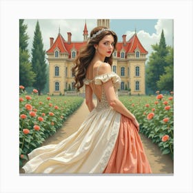 Regal Woman In A Watercolor Castle Garden Setting 1 Canvas Print