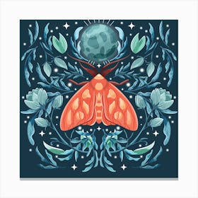 Night Orange Moth On Floral Blue Background And Moon Square Canvas Print
