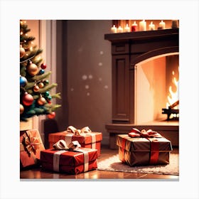 Christmas Presents In Front Of Fireplace 18 Canvas Print
