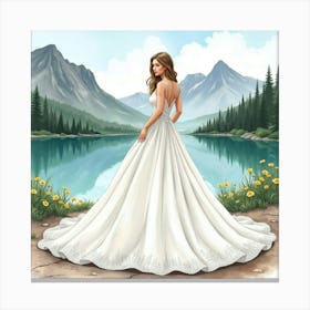 Beautiful Gown Watercolor, With A Serene Mountain Lake View 1 Canvas Print