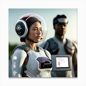 The Image Depicts A Stronger Futuristic Suit For Military With A Digital Music Streaming Display 7 Canvas Print