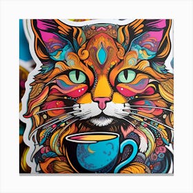Cat With A Cup Of Coffee Whimsical Psychedelic Bohemian Enlightenment Print 11 Canvas Print