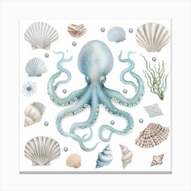 Blue Storybook Style Octopus Surrounded By Shells 2 Canvas Print