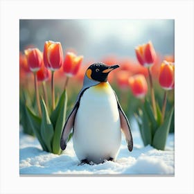 Penguin In A Snowy Tulip Field 1 Canvas Print