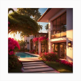 House With Pink Flowers Canvas Print
