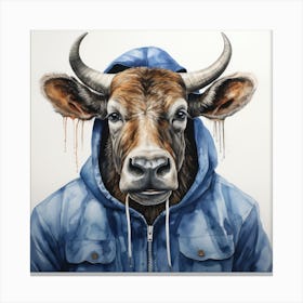 Watercolour Cartoon Wildebeest In A Hoodie 3 Canvas Print