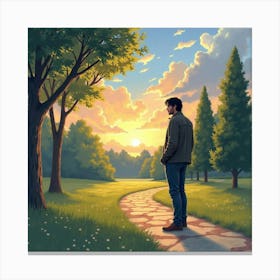 Keanu Reeves In A Peaceful Watercolor Park Scene With A Glowing Sky Canvas Print