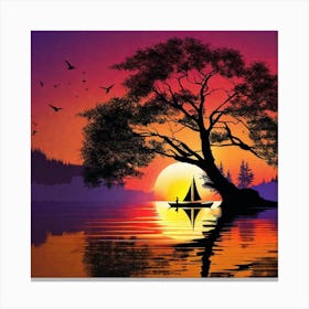 Sunset With Sailboat Canvas Print