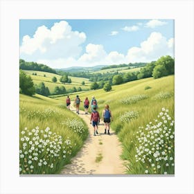 An English Countryside Trail With Hikers Enjoying The Natural Beauty, Watercolor 1 Canvas Print