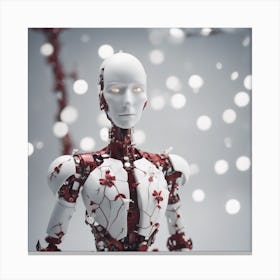 Porcelain And Hammered Matt Red Android Marionette Showing Cracked Inner Working, Tiny White Flowers (4) Canvas Print