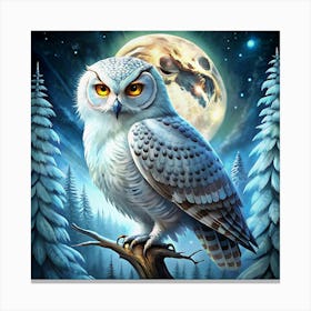 White Owl In The Forest At Night Canvas Print