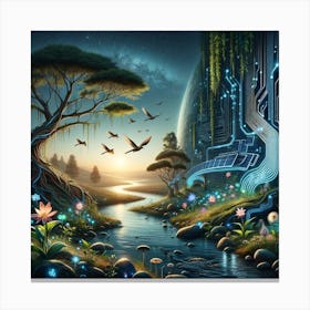 Twilight Nexus: The Dance of Nature and Innovation Canvas Print