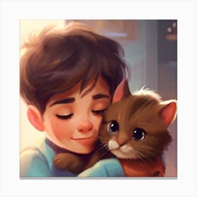 Boy Hugging Cat 1 Canvas Print