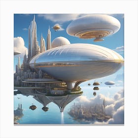 floating city with airships docking at sky-high Canvas Print