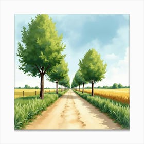 French Countryside Road In Watercolor Lined With Poplar Trees And Fields 1 Canvas Print