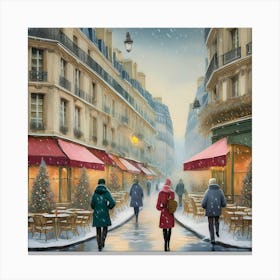 Paris cafes, winter season, Christmas, pale colors, pedestrians in the street, winter clothes, falling snow.17 Canvas Print