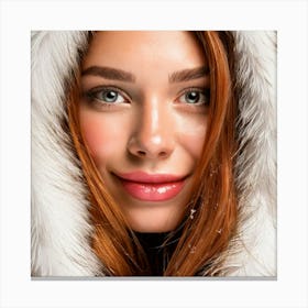 Firefly Macro Portrait Of Freckled Woman In Snowy Fur Jacket 16720 Canvas Print