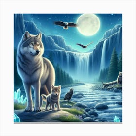 Wolf on the Mushroom Crystal Riverbank with Cubs and Eagles Canvas Print