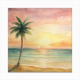 Watercolor Of A Palm Tree At Sunset Canvas Print