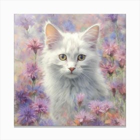 White Cat In Purple Flowers Canvas Print