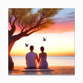 Couple Sitting Under Tree At Sunset Canvas Print